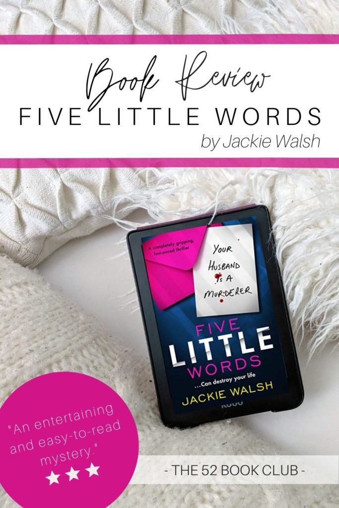 Five Little Words cover on an ereader set against white pillows.