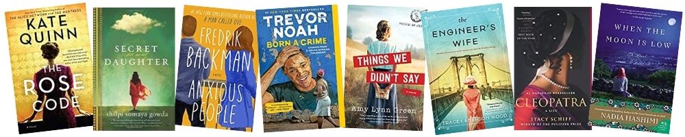 Eight book covers featuring women who are facing away -- a prompt on the 52 Book Club 2021 Challenge