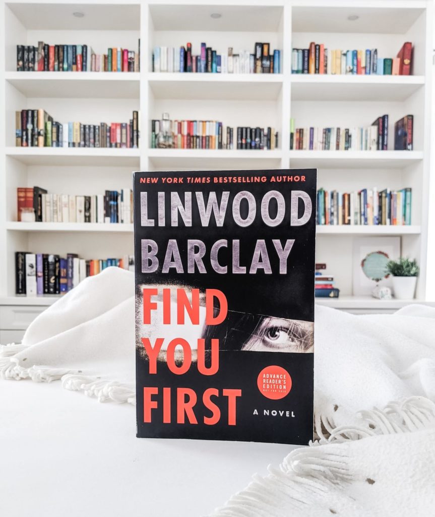 Find You First by Linwood Barclay book set against white background and bookshelf