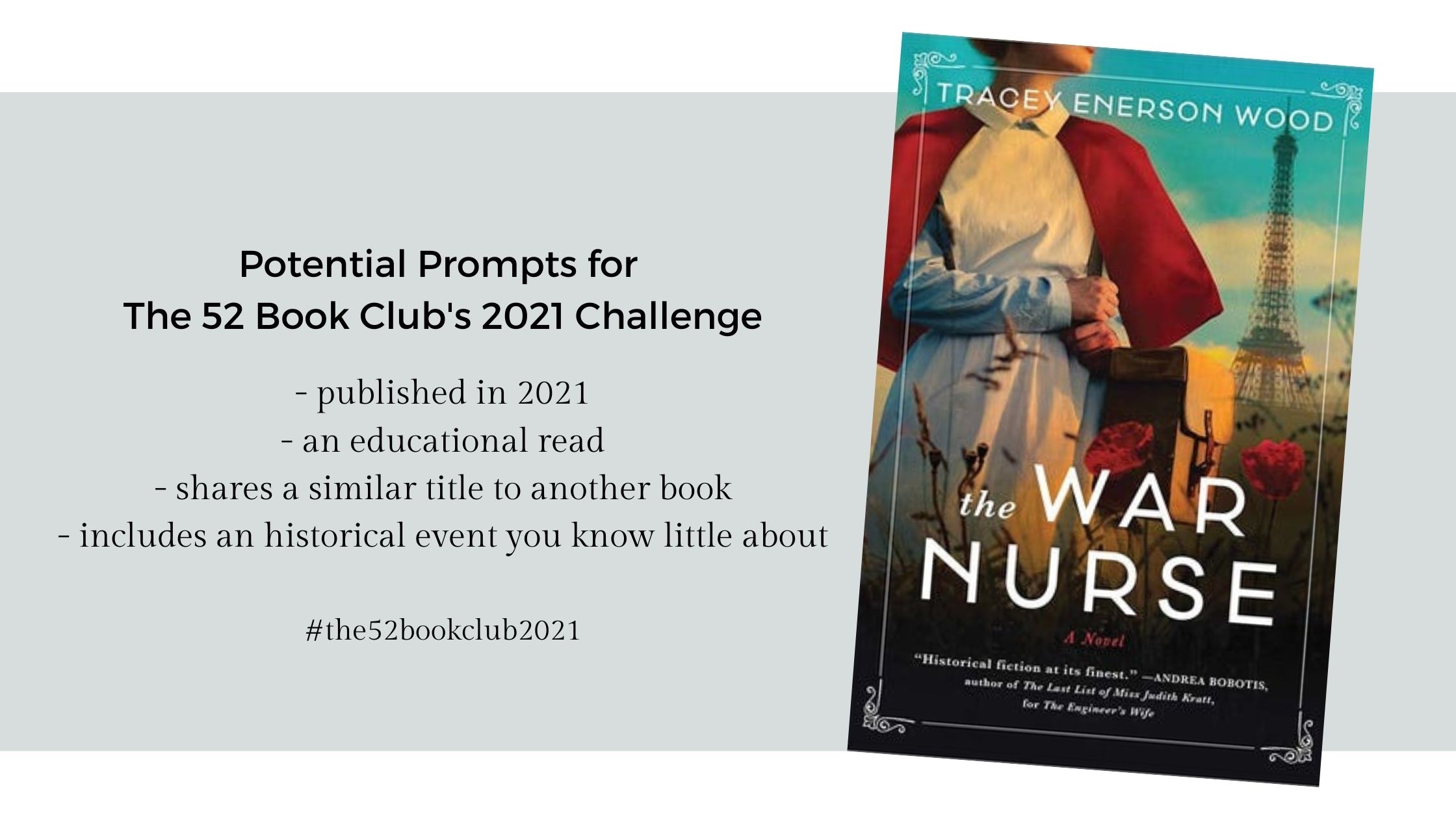 The War Nurse potential prompts for The 52 Book Club's 2021 challenge