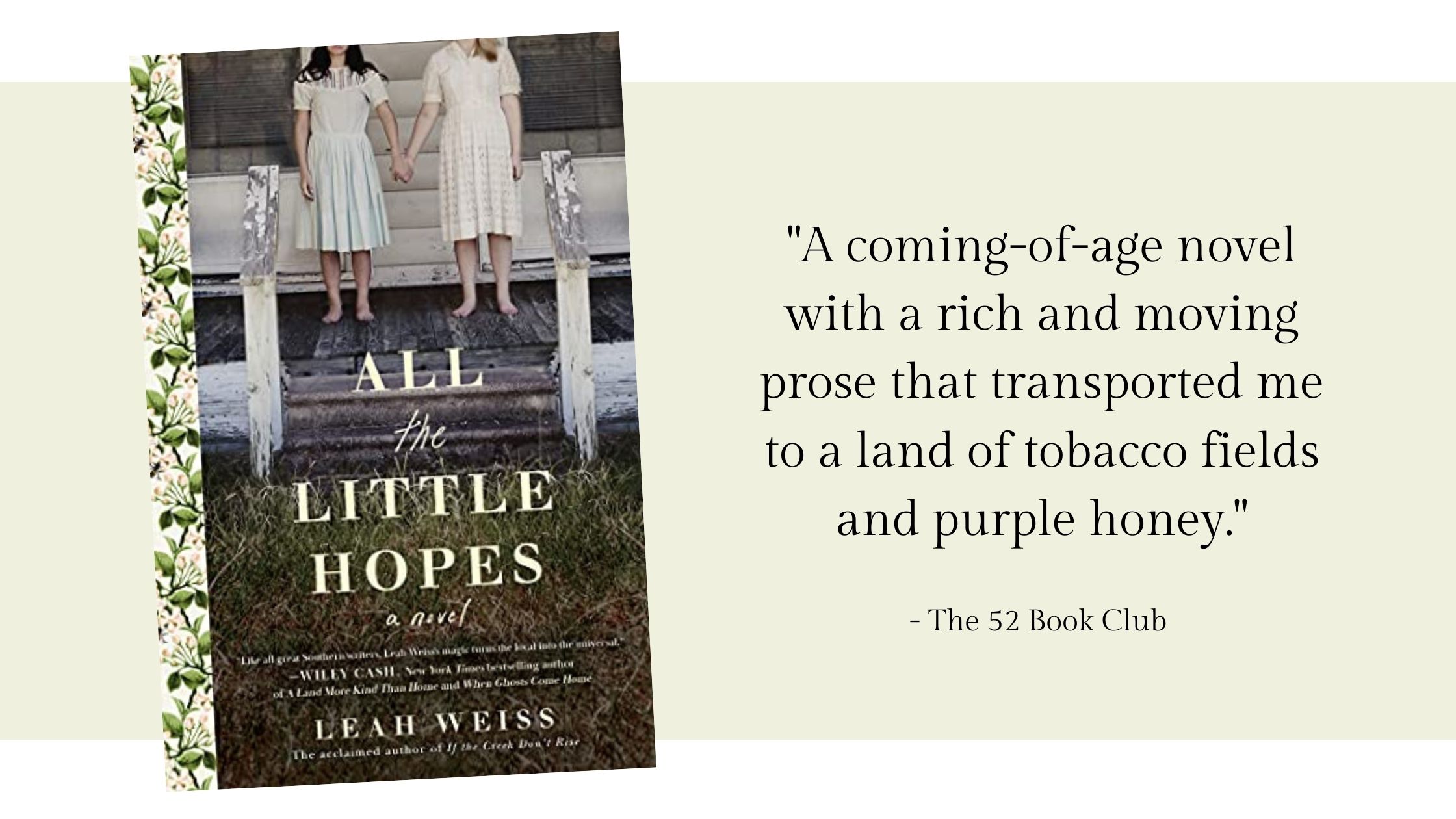 All the Little Hopes is a coming of age novel with a rich and moving prose that transported me to a land of tobacco fields and purple honey.